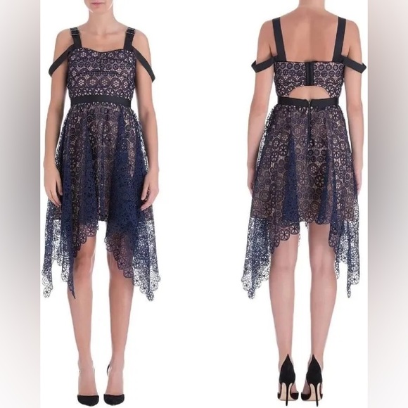 NWT Self-Portrait Circle Blue Navy Lace Asymmetric Hem Midi Cocktail Dress Sz 6 - Picture 8 of 9